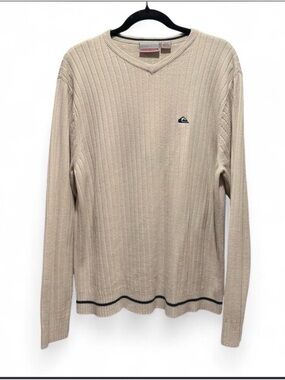 Quiksilver Men's Beige V-Neck Sweater with Navy Trim
